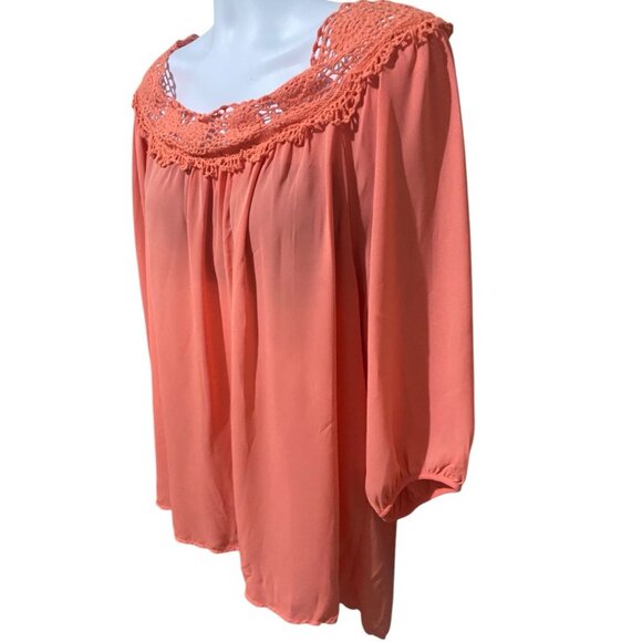 Eyeshadow Womens Blouse Top 2x Crochet Lace Trim 3/4 Sleeves Round Neck Pullover - Picture 5 of 13